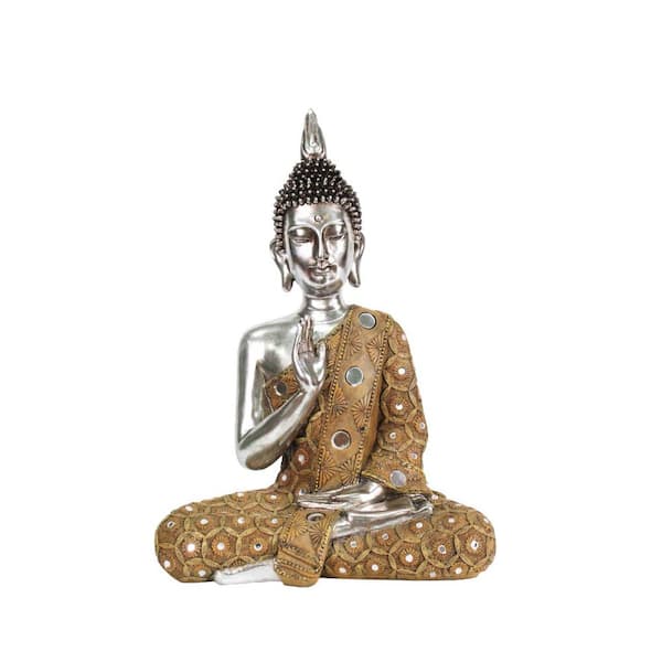 Zaer Ltd. International 16 in. Tall in Silver Finish Polyresin Sitting Buddha Statue