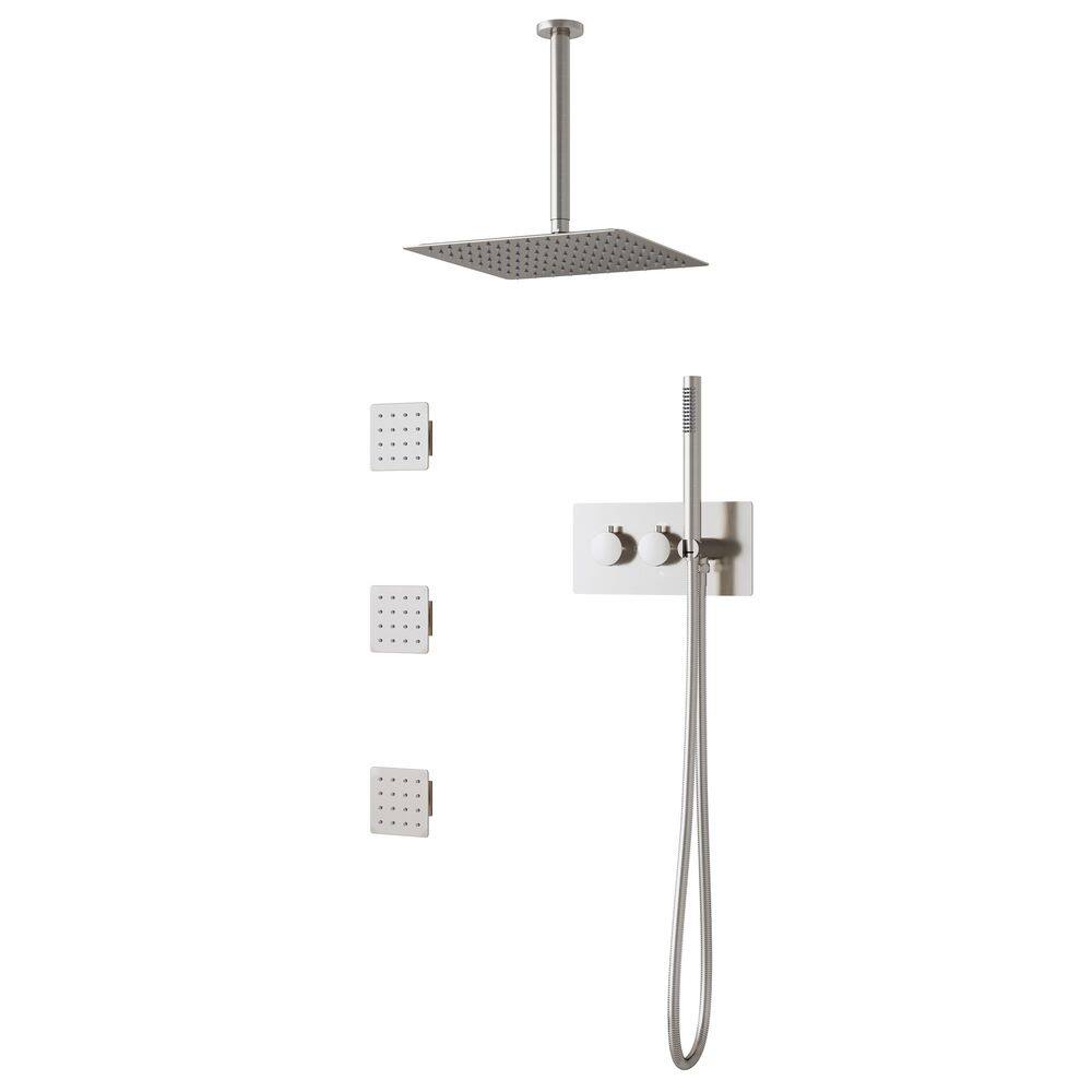3-Spray Square Deluxe Ceiling 12 in. Shower Head Wall Bar Shower Kit with Thermostatic Mixing Valve in Brushed Nickel price history on PriceWatchPro