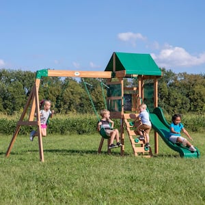 Buckley Hill Outdoor Playground Set w/ Elevated Clubhouse, Rockwall, Ladder, Swing Set, Chalk Board, and Wave Slide