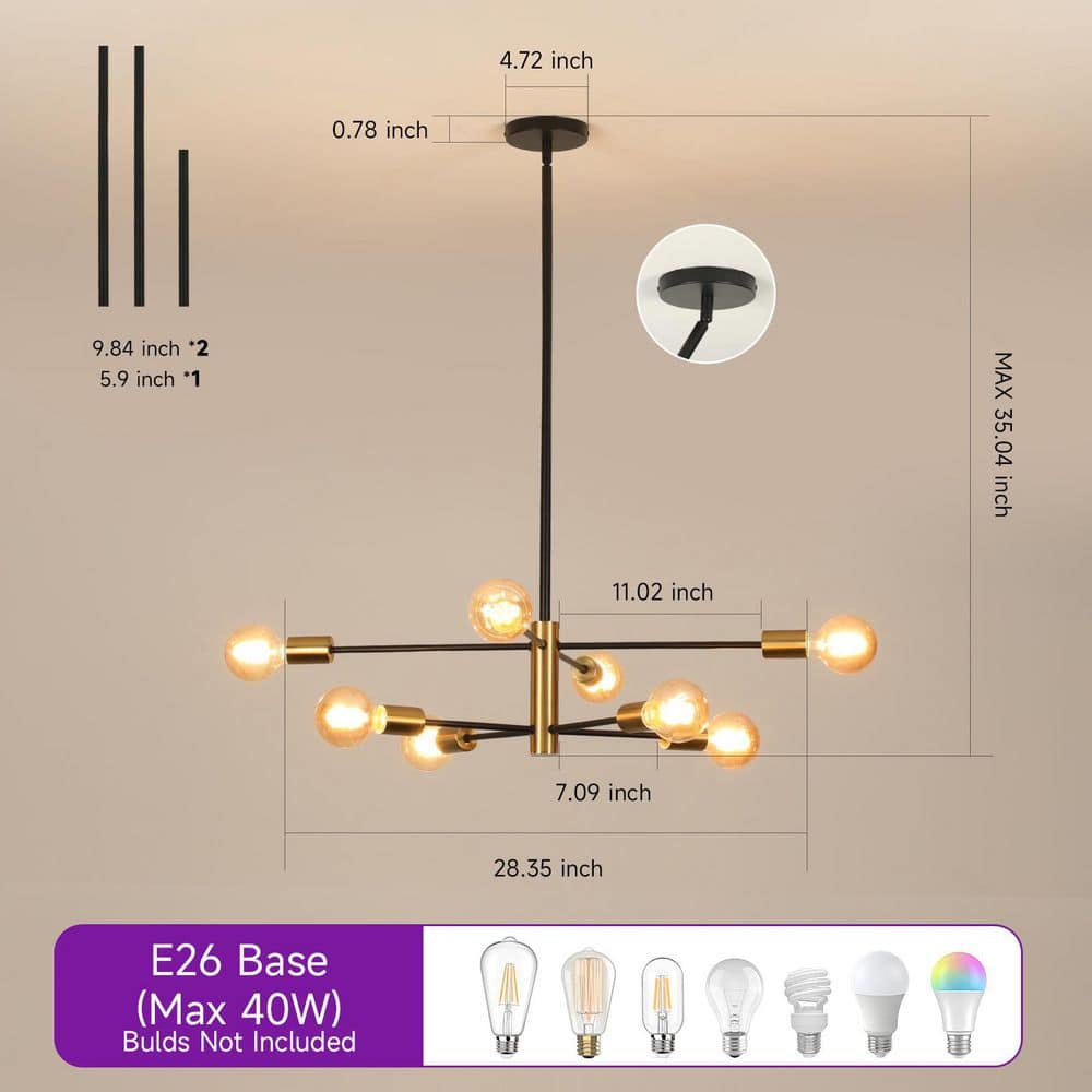 Gold and Black Metal 8-Light Sputnik Chandelier