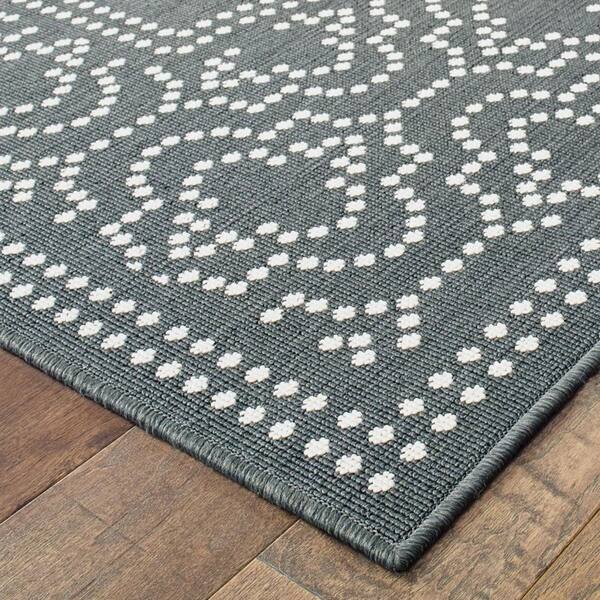 Gray, Ivory 2 ft. x 8 ft. Loomed Border Polypropylene Rectangle Indoor/Outdoor Area Rug