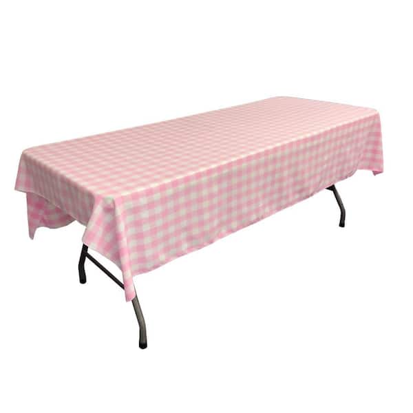 60 in. x 90 in. White and Pink Polyester Gingham Checkered Rectangular Tablecloth