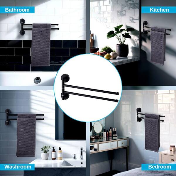 Towel Rail 15.4" Self-Adhesive Stainless Steel – 180° Swivel, 2 Arms, Waterproof, No-Drill Mount For Bathroom Or Kitchen