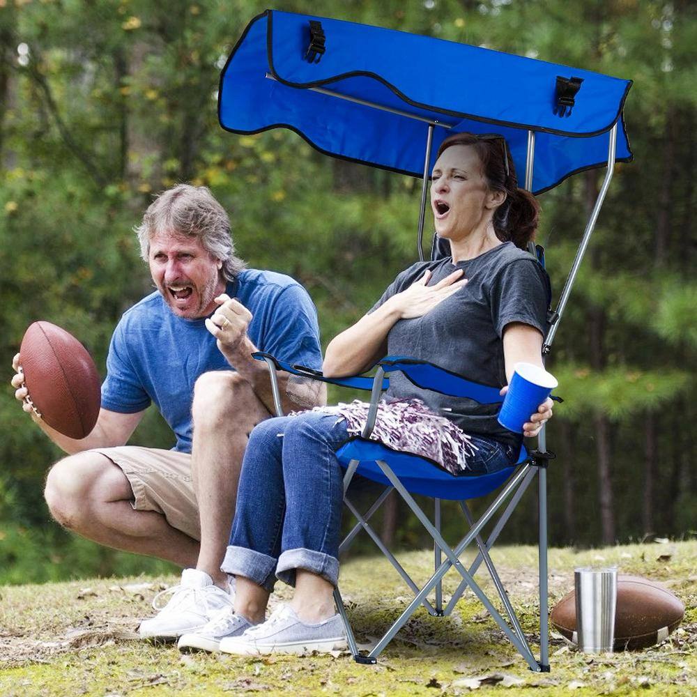 Blue Folding Steel Beach Chair with Adjustable Canopy