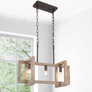 Farmhouse Rustic Bronze Wood Cage Island Chandelier 3-Light Brown Modern Industrial Rectangular Hanging Light Fixture