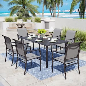 Black 7-Piece Metal Rectangle Patio Outdoor Dining Set with Slat Table and Gourd-Shaped Design Textilene Chairs