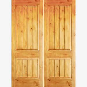 60 in. x 80 in. Rustic Knotty Alder Square Top Clear Stain /V-Groove Left-Hand Inswing Wood Double Prehung Front Door