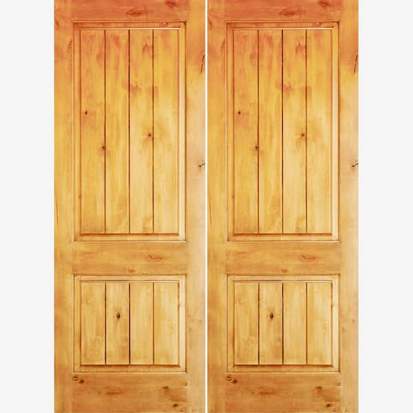 Krosswood Doors 60 in. x 80 in. Rustic Knotty Alder Square Top Clear Stain /V-Groove Right-Hand Inswing Wood Double Prehung Front Door