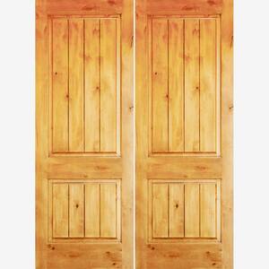 64 in. x 96 in. Rustic Knotty Alder Square Top Unfinished /V-Groove Left-Hand Inswing Wood Double Prehung Front Door