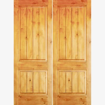 72 in. x 80 in. Rustic Knotty Alder Square Top Unfinished /V-Groove Right-Hand Inswing Wood Double Prehung Front Door