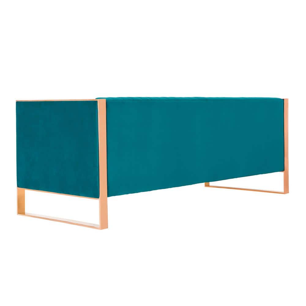 Aqua Blue Velvet and Rose Gold Metal 3-Seater Sofa