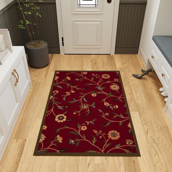Ottohome Collection Non-Slip Rubberback Floral Leaves 3x5 Indoor Area Rug, 3 ft. 3 in. x 5 ft., Dark Red