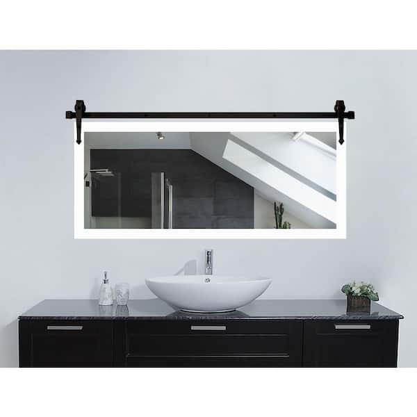 (49 in. W x 30 in. H) Satin White Accent Mirror with Steel Barn Door Rail