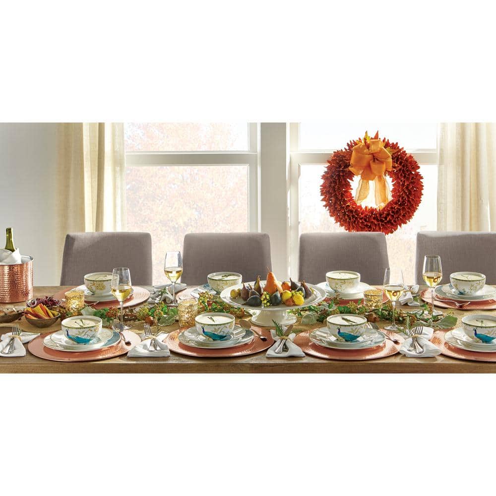Peacock Garden White Porcelain 16-Piece Dinnerware Set with Gold Accents