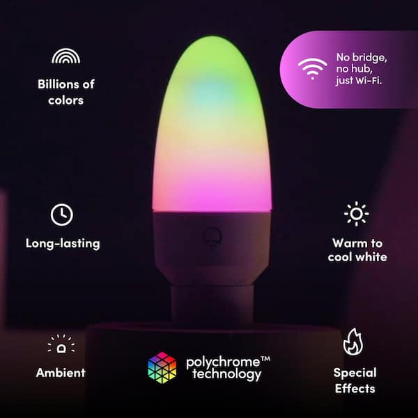 25-Watt Equiv. B10 Smart RGB Wi-Fi E12 Candelabra LED Light Bulb, Works w/Alexa/Hey Google/HomeKit/Siri, Multi-Color 2PK