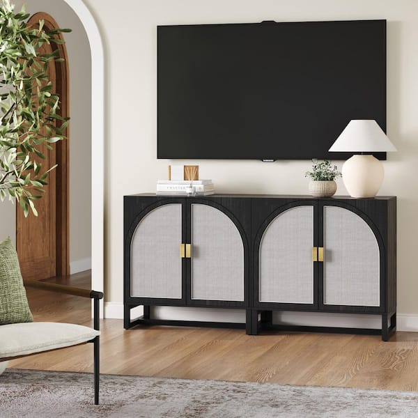 Paxton Black Oak 31 in. H Storage Cabinet or TV Stand with Arched Rattan Doors, Adjustable Shelf, Solid Wood Legs 2-Pack