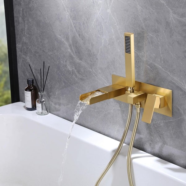 Wall Mounted Bathtub Faucet with Handhold Shower Single-Handle Roman Tub Faucet with Brass Rough-in Valve in Gold