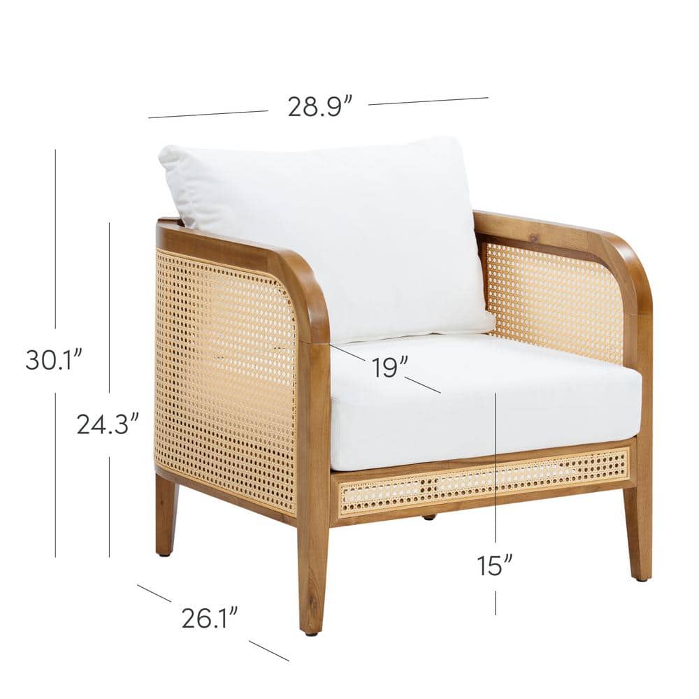 Twila Bohemian White Cushioned Patio Chair with Acacia Wood Frame