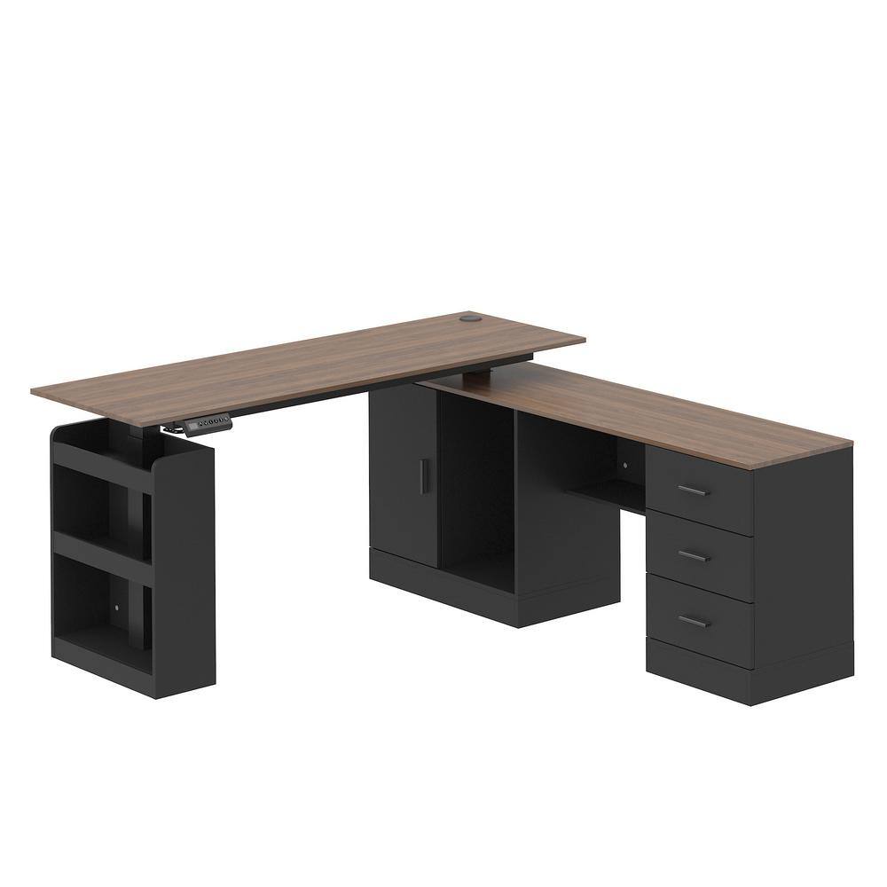 63 in. W L-Shape Black and Wood Grain Wooden 3-Drawer Adjustable Height Writing Desk, Computer Desk with 5-Shelf 1 Door