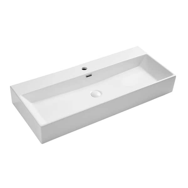 VANITYFUS 39.37 in. x 16.54 in. Art Ceramic Rectangular Wall Mounted Vessel Sink Above Counter in White