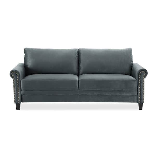 Lifestyle Solutions Ashford 31.9 in. Charcoal Microfiber 3-Seater Tuxedo Sofa with Nailheads