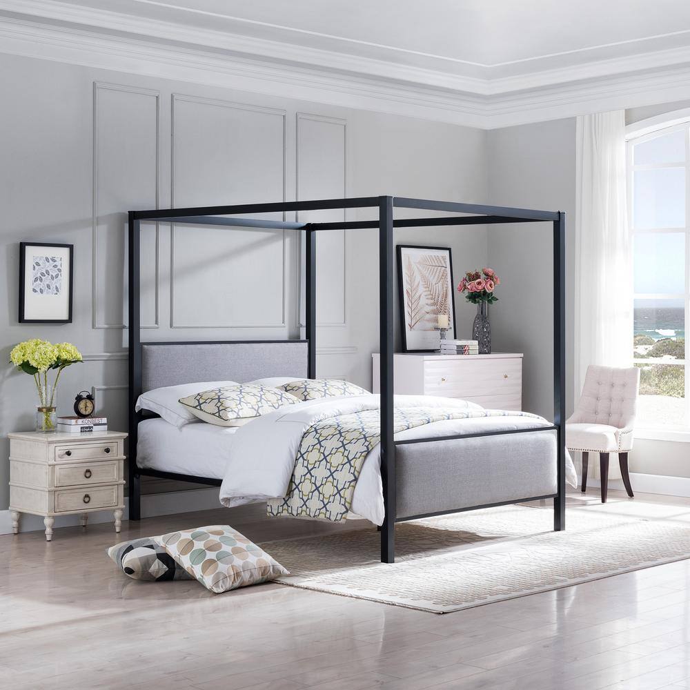 Elegant Gray Fabric Upholstered Queen Platform Bed with Metal Frame