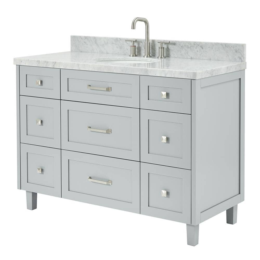 Gray Solid Wood Single Sink Bathroom Vanity with Carrara Marble Top