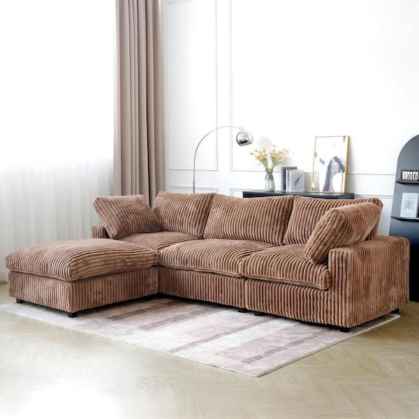 Lawson Cloud Couch 118 in. Square Arm Faux Rabbit Fur Velvet Modular Sofa with Ottoman, Washable Covers in. Brown