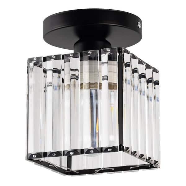 Emeritpro 5.5 in. 1 Light Black Square Crystal Semi Flush Mount with Crystal Shade for Hallway