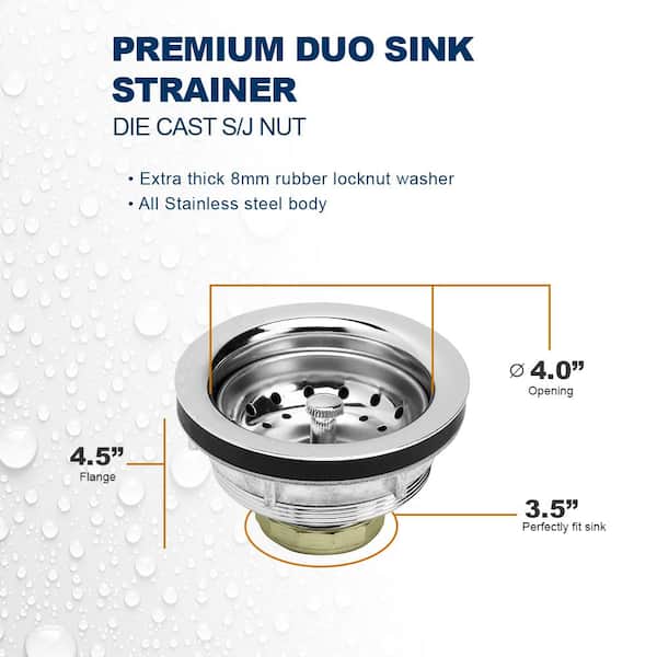 The Plumber's Choice 3-1/2 in. - 4 in. Kitchen Sink Stainless Steel Drain  Assembly with Strainer Basket Stopper Double Cup Design ESS5157 - The Home  Depot