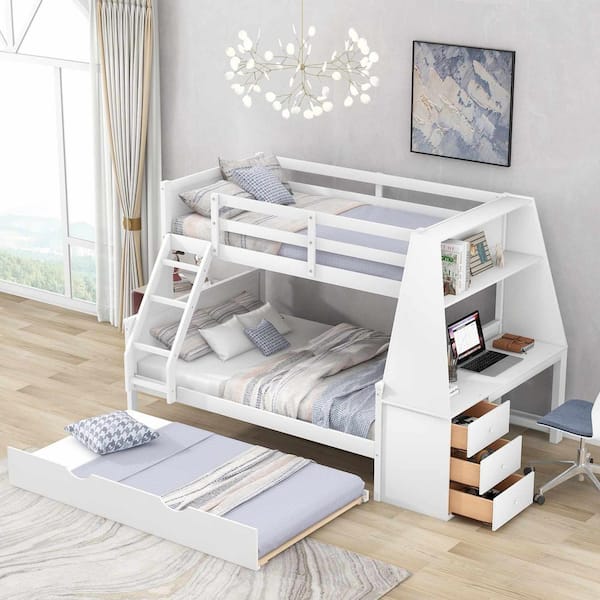 Polibi White Twin over Full Bunk Bed with Trundle and Built-in Desk, 3 Storage Drawers and Shelf