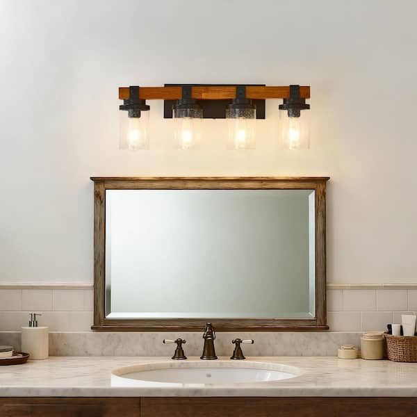 24.61 in. 4-Light Matte Black and Wood Vanity Light with Glass Shade for Bathroom or Bedroom (No Bulbs)