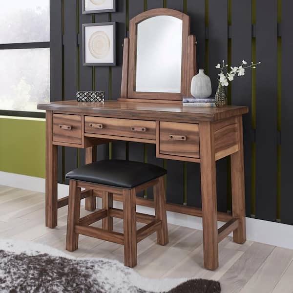 Forest Retreat Brown Teak Wood Vanity, Vanity Desk With Mirror And Seat
