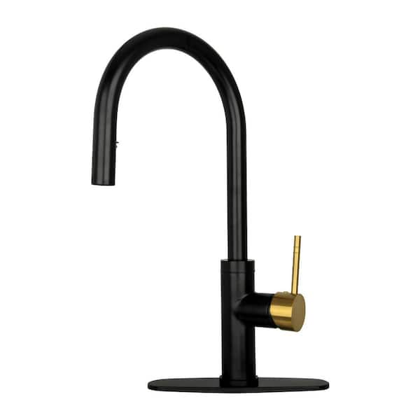 Akicon Single-Handle Pull Down Sprayer Kitchen Faucet with Deckplate in Black and Gold