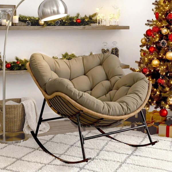 Oversized Brown PE Wicker Outdoor Rocking Chair Papasan Chair with Brown Cushion