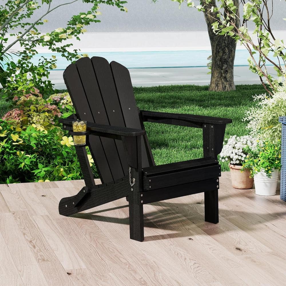 Black HDPE folding Adirondack chair with a built-in cup holder.