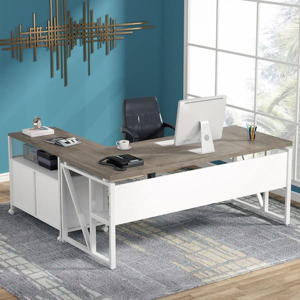 BYBLIGHT Lanita 63 in. L Shaped Desk Light Gray Engineered