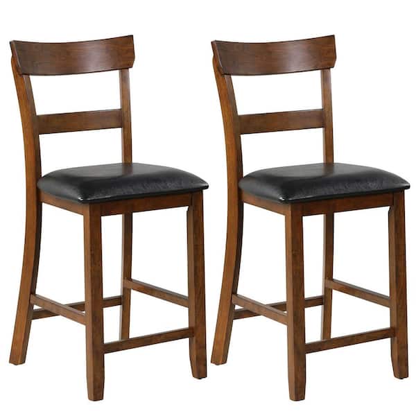Gymax 42 in. Barstools Counter Height Chairs with Leather Seat and Rubber Wood Legs (Set of 2)