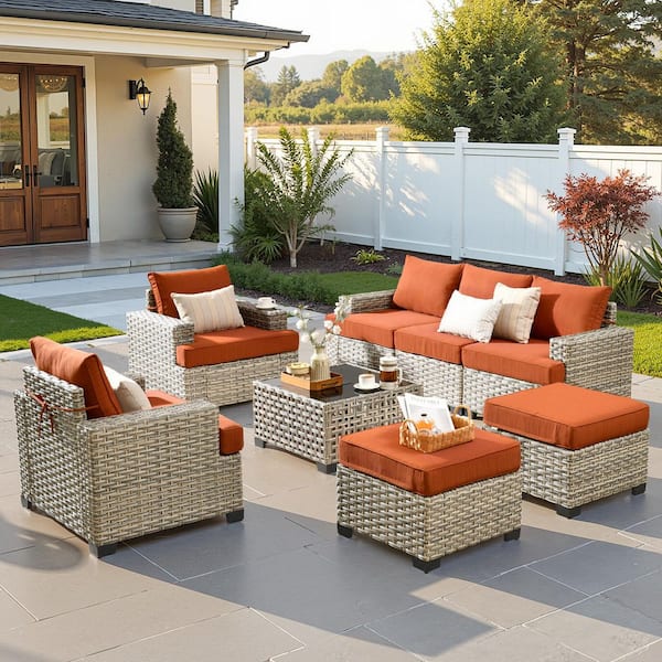 Silvae Gray 8-Piece Wicker Outdoor Sectional Patio Conversation Sets with Single Chair & Orange Red Cushion and Ottoman