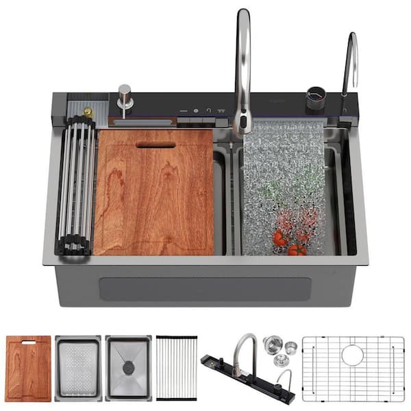 30 in. Drop-in Workstation Sink Single Bowl 16-Gauge Stainless Steel Waterfall Kitchen Sink with Pull-Down Faucet