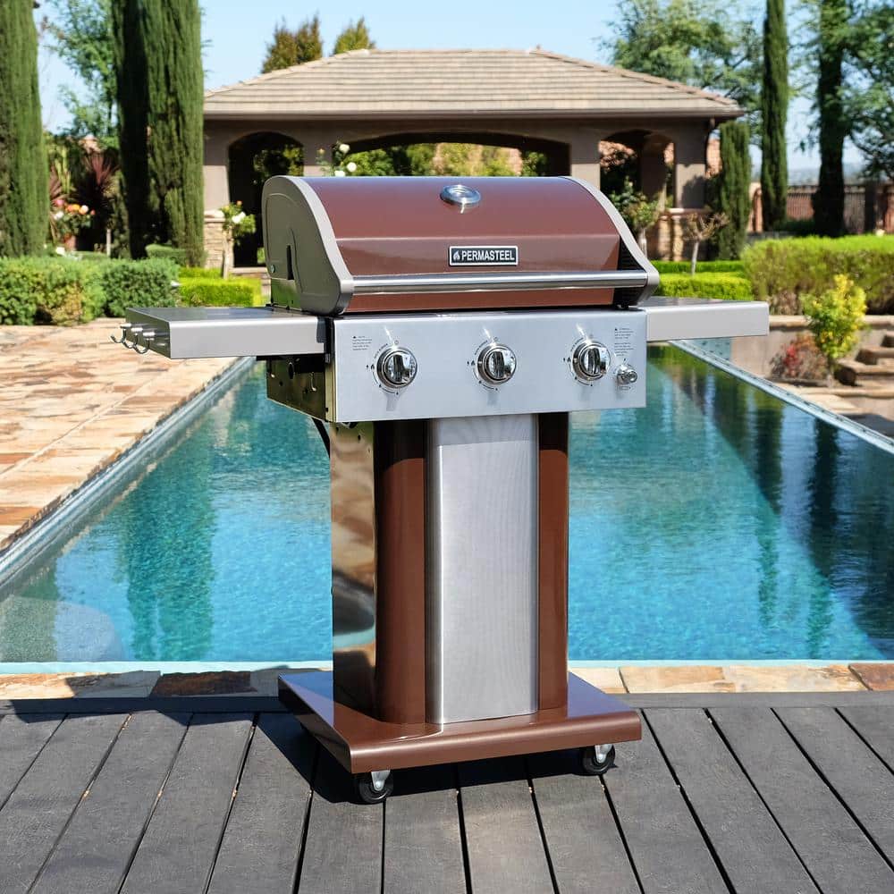 Mocha Stainless Steel 3-Burner Propane Gas Grill with Foldable Side Tables