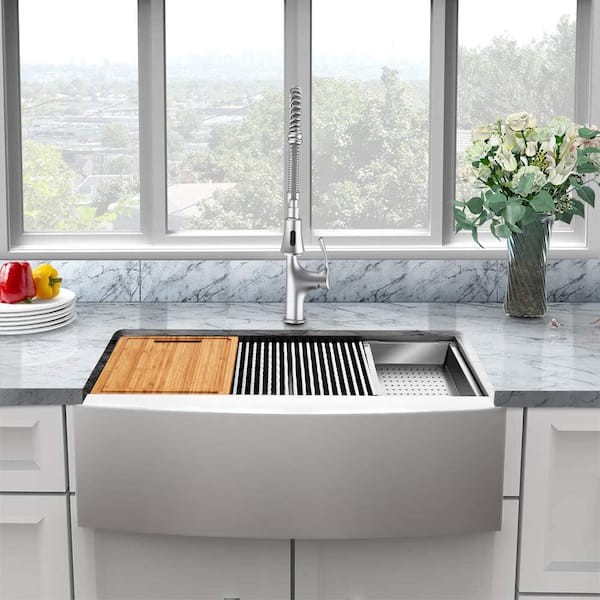 Zero Radius 30 in. Apron-Front Single Bowl 18 Gauge Stainless Steel Workstation Kitchen Sink with Spring Neck Faucet