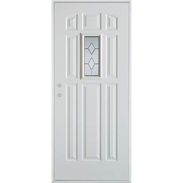 Stanley Doors 36 in. x 80 in. Geometric Brass Rectangular Lite 9-Panel Painted White Right-Hand Inswing Steel Prehung Front Door