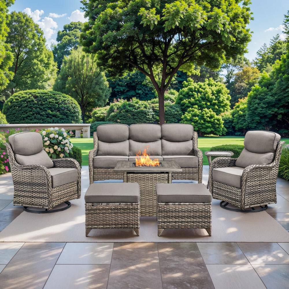 NovaSwivel 7-Piece Gray Wicker Outdoor Patio Fire Pit Conversation Set with Gray Cushions and Swivel Rocking Chairs price history on PriceWatchPro