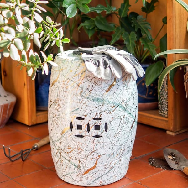 Oriental Furniture Abstract Green and Gold Ceramic Garden Stool