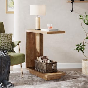 Calvin 23.6 in. Brown Narrow Rectangle C-Shaped Sofa Side End Table Sturdy Pedestal Industrial Wood Bedside Nightstand