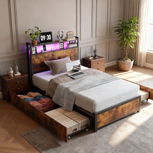 Brown Metal Frame Twin Platform Bed with 4 Storage Drawers, Built in Charging Station and LED Light