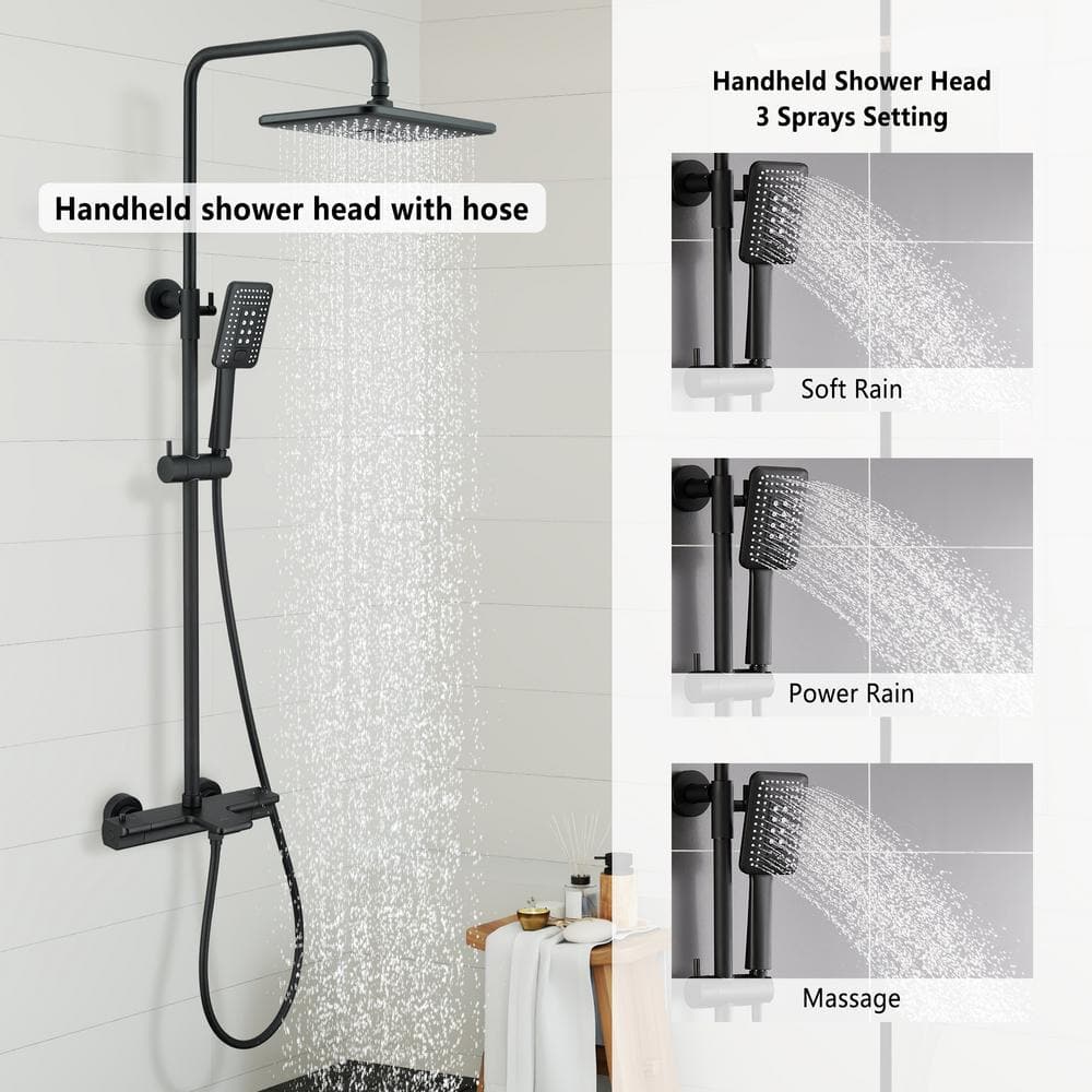 Matte Black Thermostatic Rain Shower System with Handheld