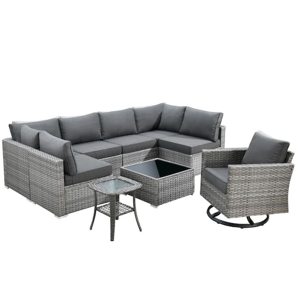 Daffodil F Gray 9-Piece Wicker Outdoor Patio Conversation Sectional Set with a Swivel Rocking Chair and Black Cushions