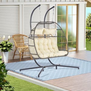2 Person Wicker Rattan Patio Hanging Swing Egg Chair with Dark Beige Cushion